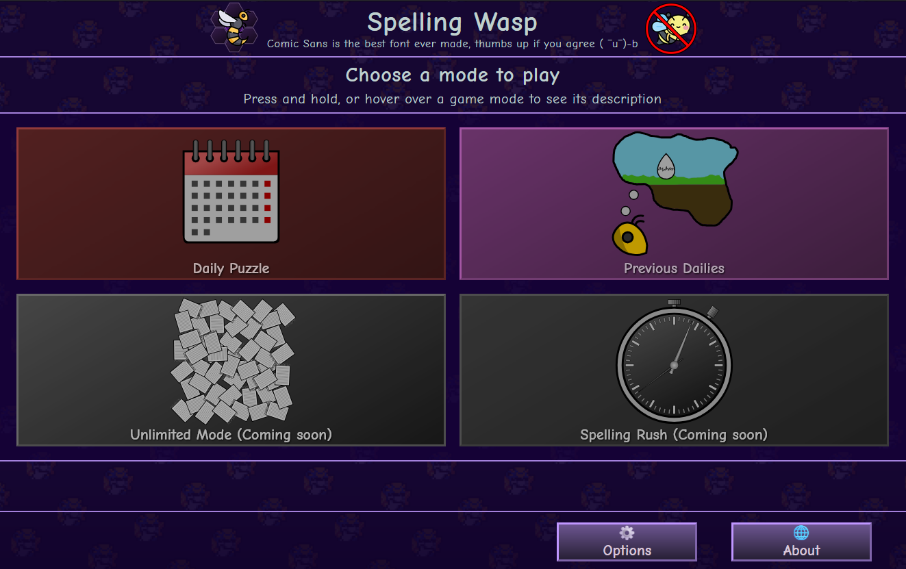 Spelling Wasp Main Menu