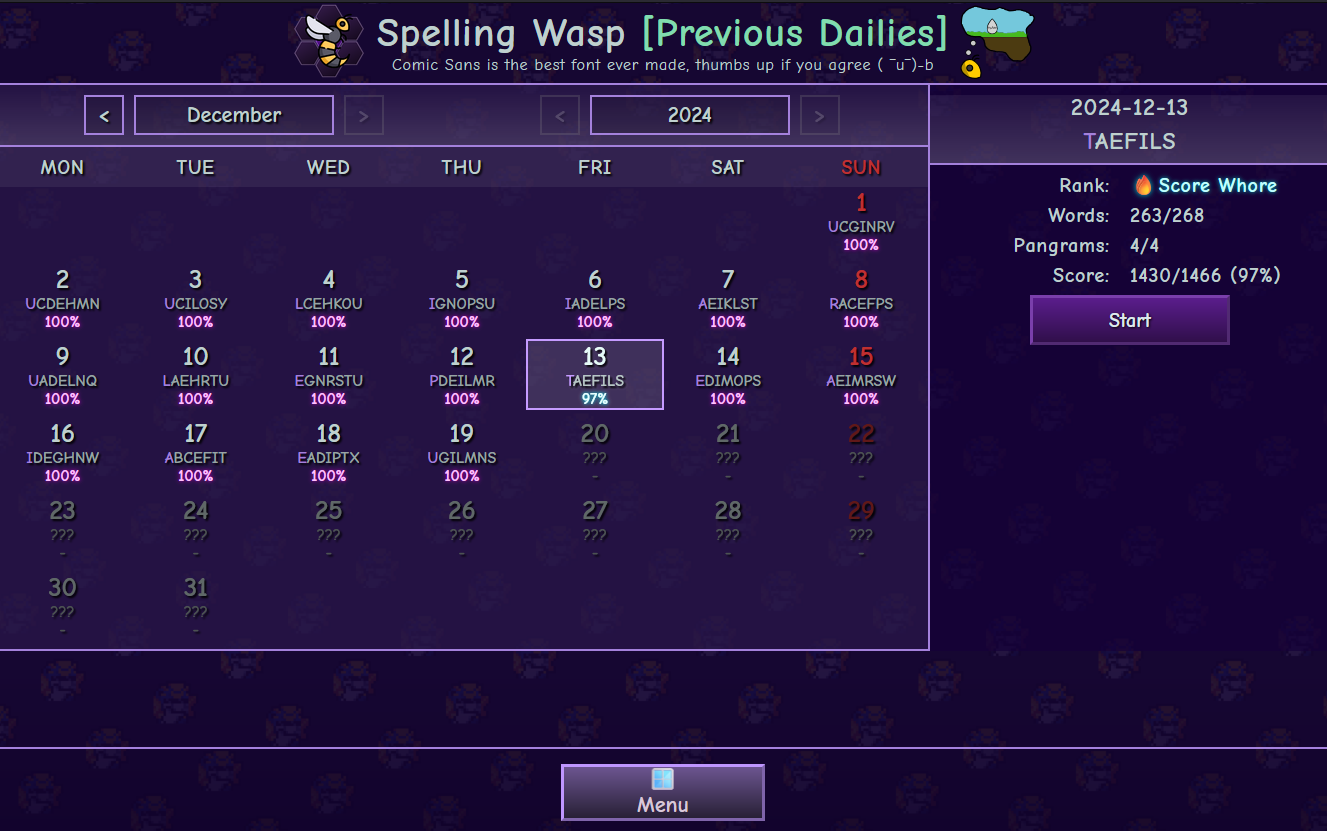 Spelling Wasp Previous Dailies Menu